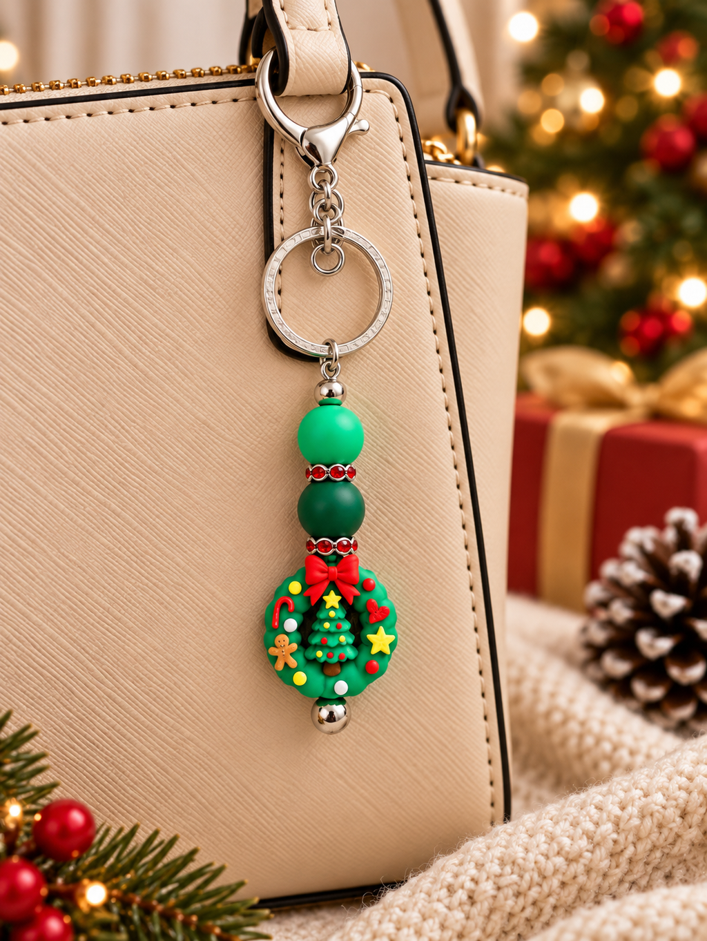 🎄 Christmas Wreath Beaded Keychain