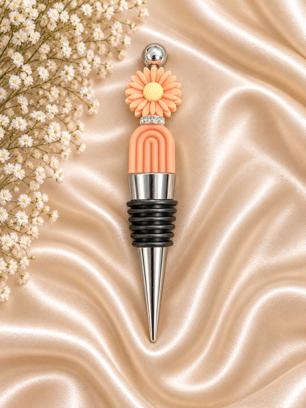 🌼 Peach Daisy & Rainbow Wine Bottle Stopper