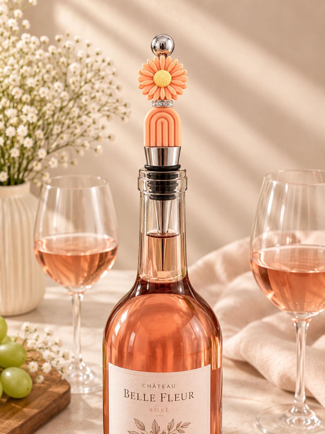 🌼 Peach Daisy & Rainbow Wine Bottle Stopper