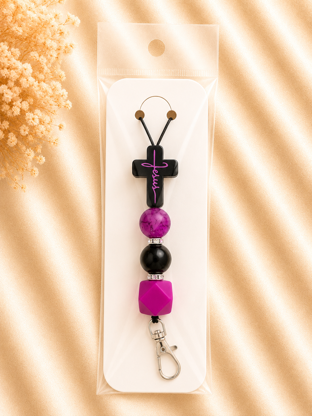 Jesus Cross Silicone Beaded Lanyard – Purple