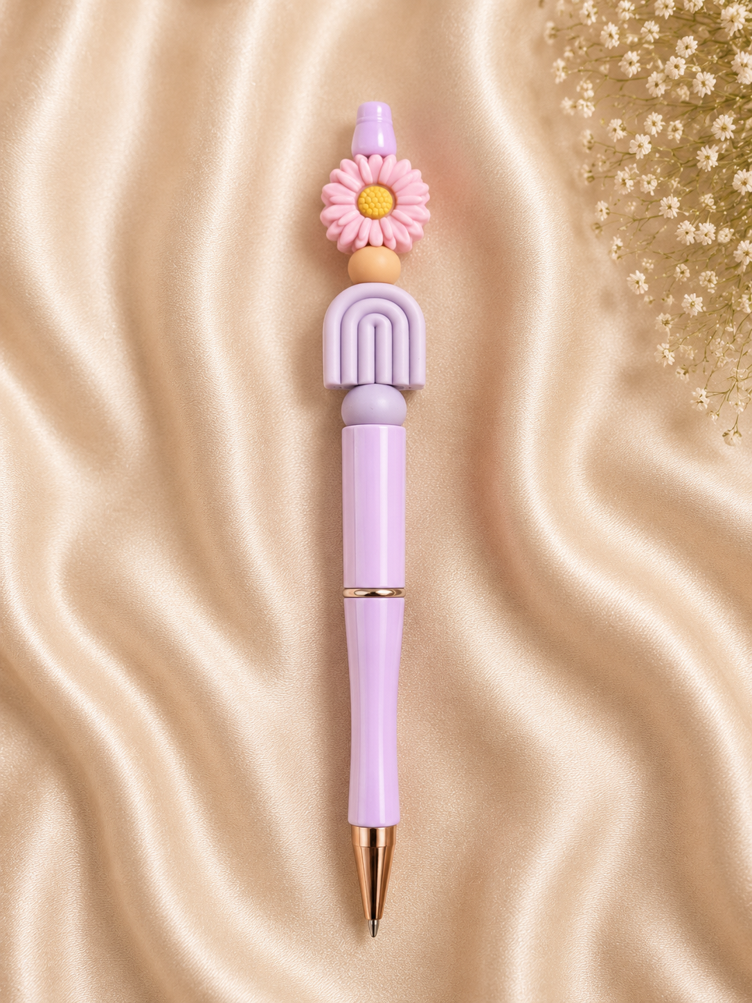 🌸 Daisy & Rainbow Silicone Beaded Pen – Handmade Ballpoint Pen 🌈
