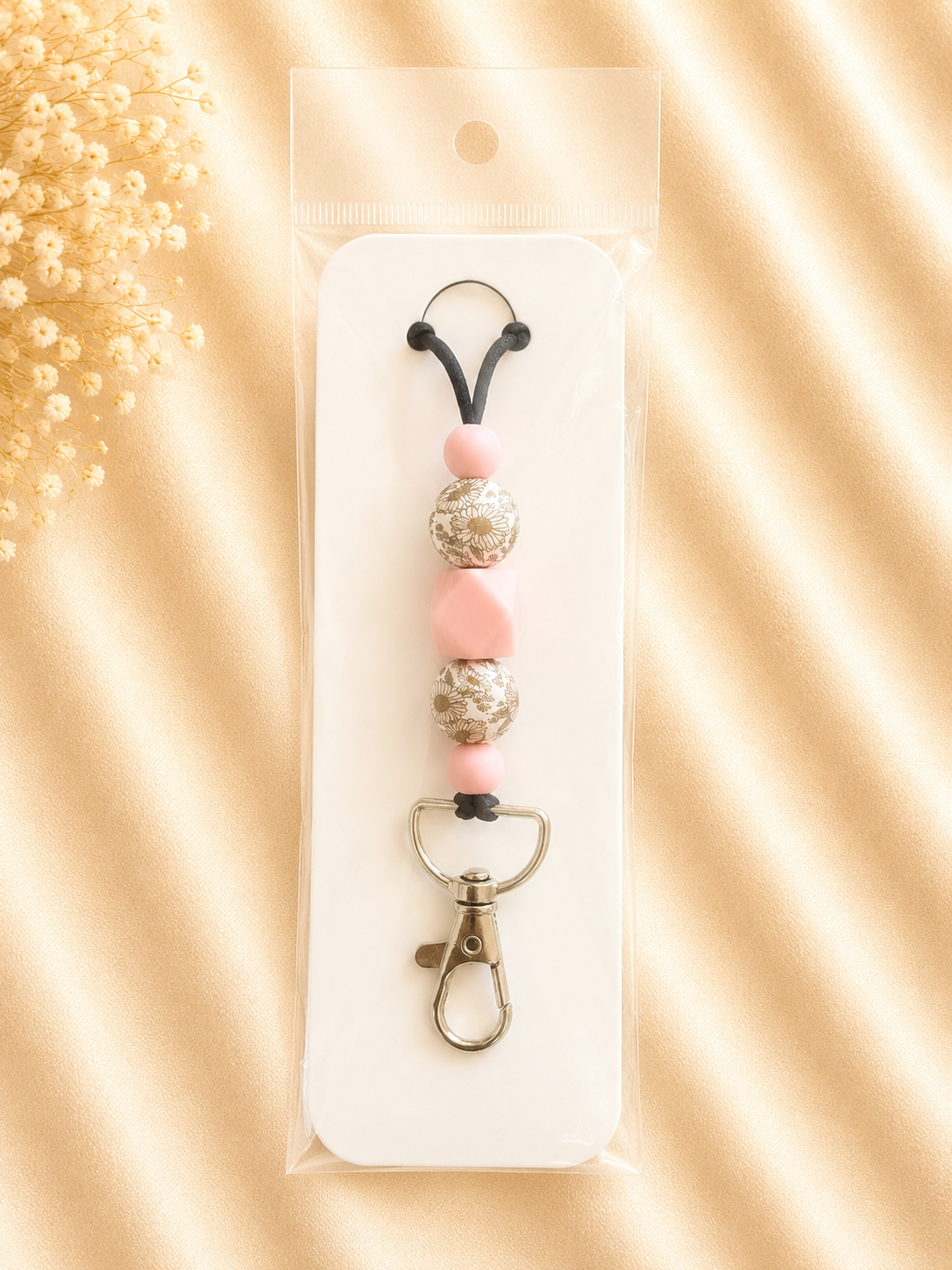 Blush Floral Silicone Beaded Lanyard