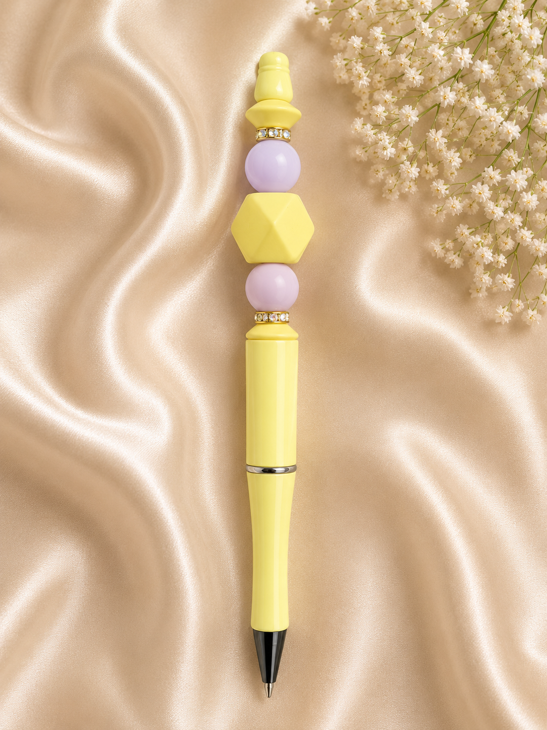 💛 Pastel Yellow Beaded Pen – Handmade Silicone Ballpoint Pen 💜