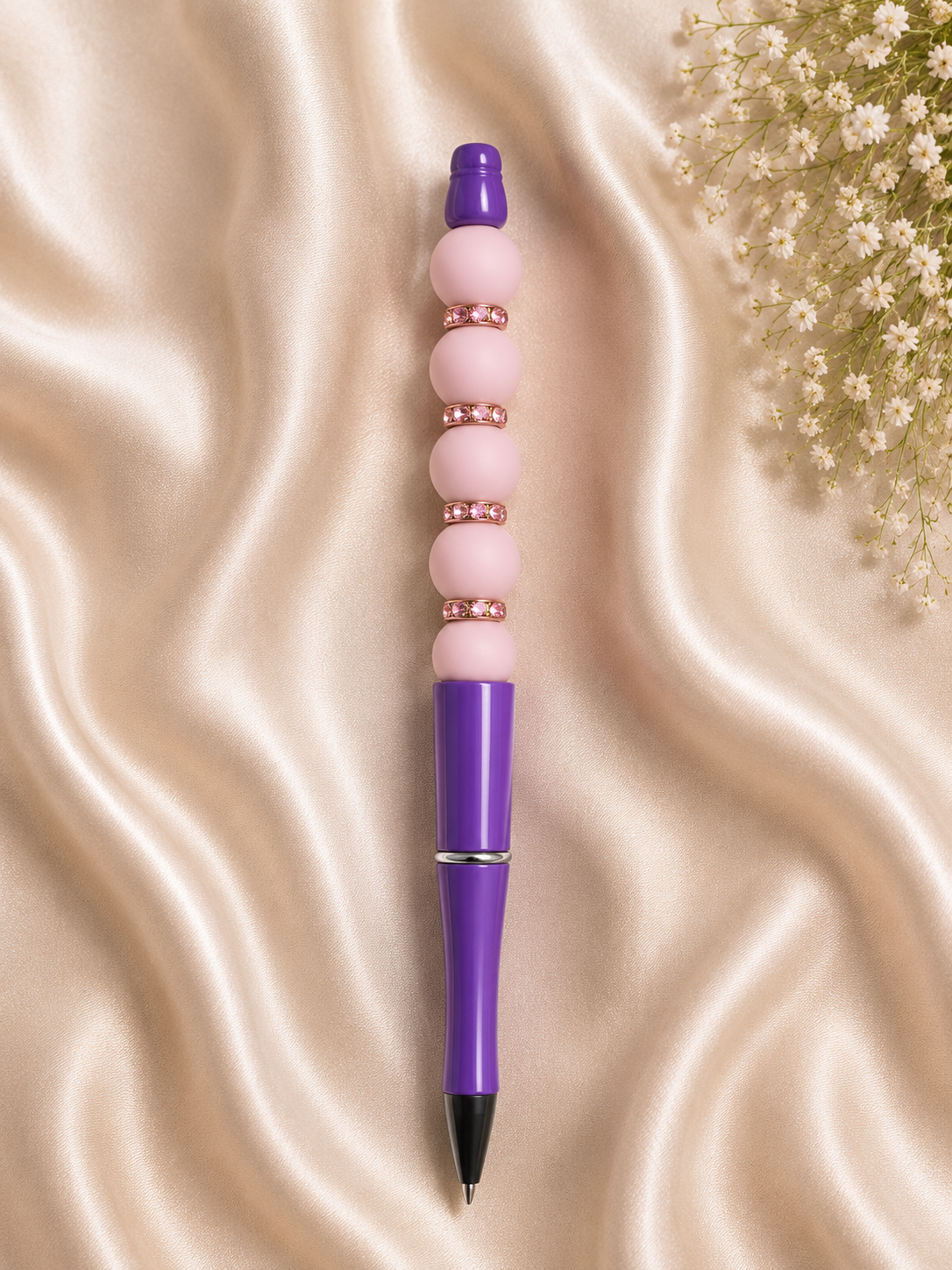 💜 Purple & Blush Beaded Pen – Handmade Silicone Ballpoint Pen 💜