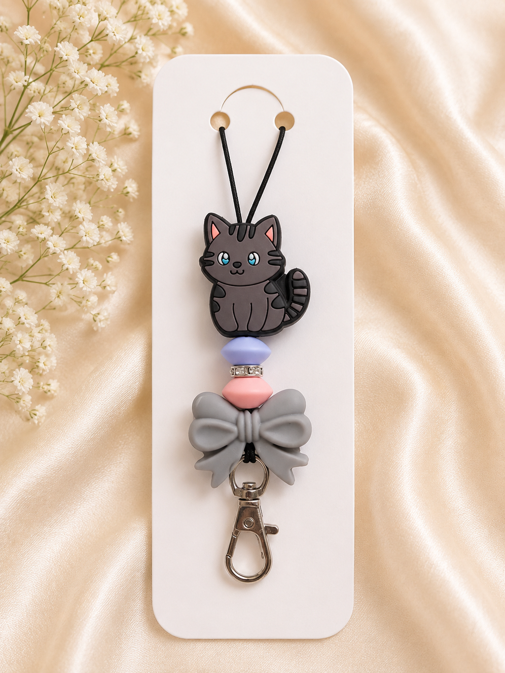 🐱 Charcoal Kitty & Bow Lanyard