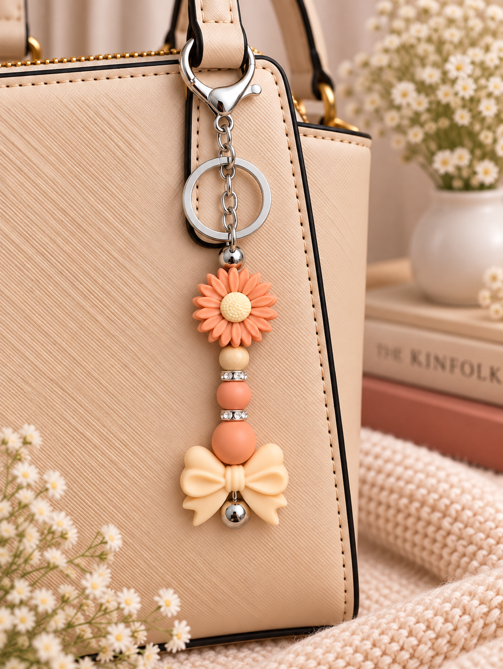 🌼 Peach Daisy & Bow Keychain