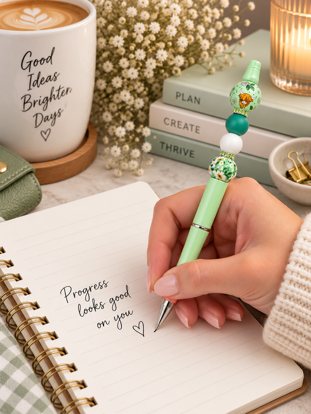Highland Cow Sage Beaded Pen