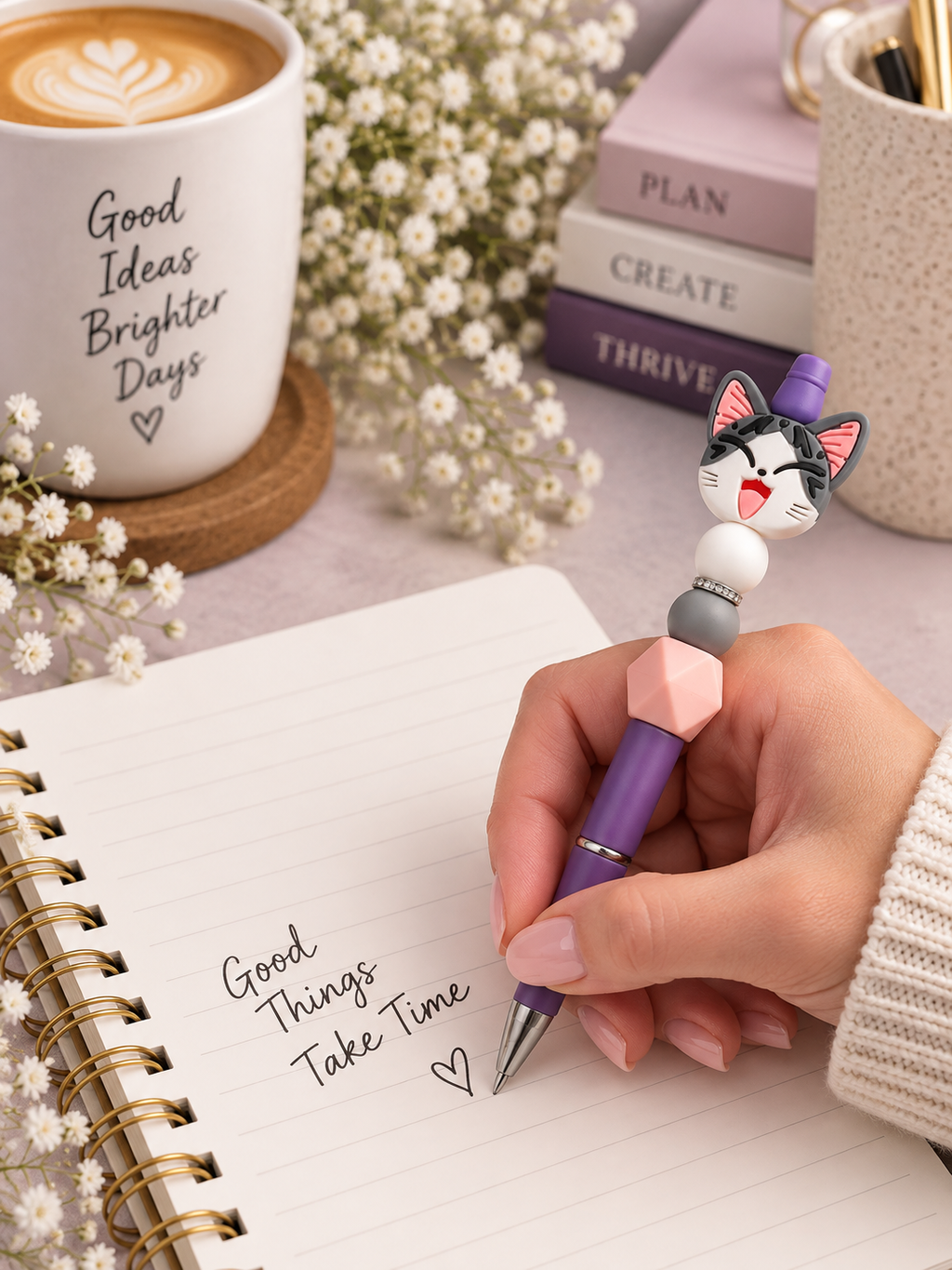 😸 Happy Cat Beaded Pen – Handmade Silicone Ballpoint Pen 😸
