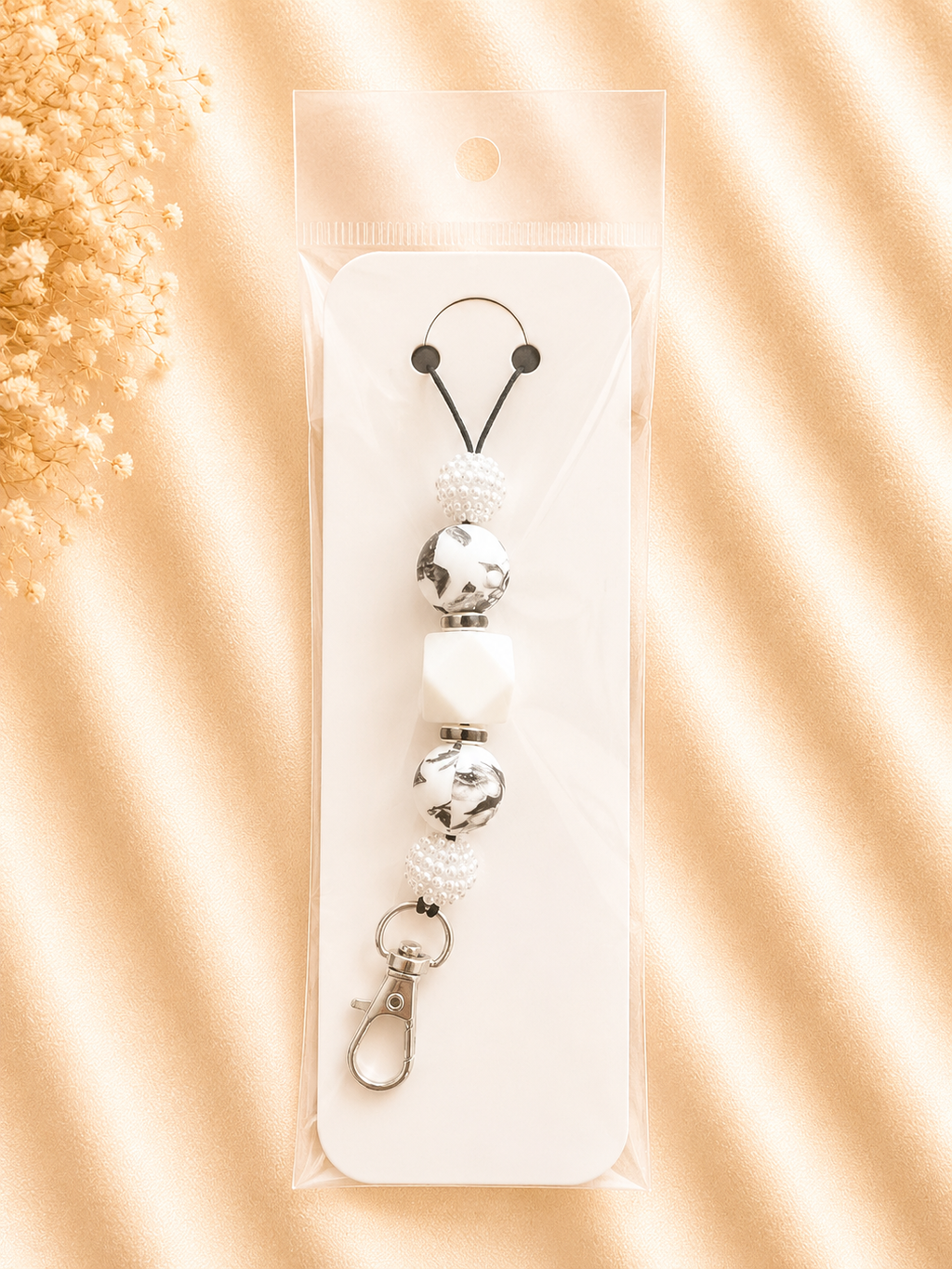 Black & White Marble Silicone Beaded Lanyard
