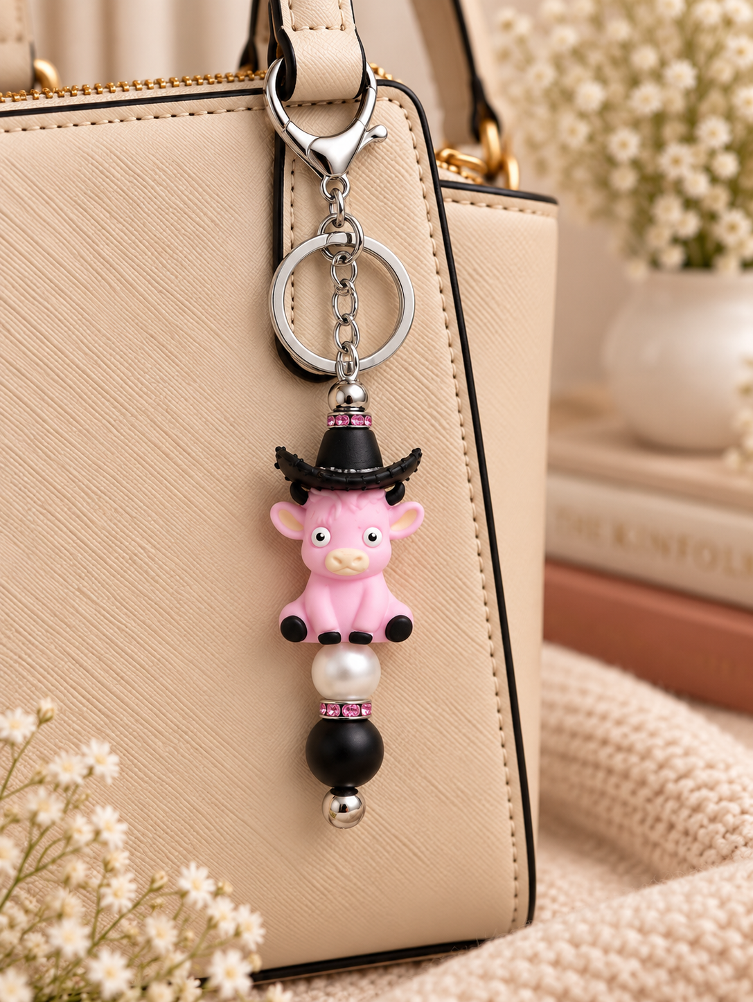 🩷 Pink Cowgirl Cow Keychain