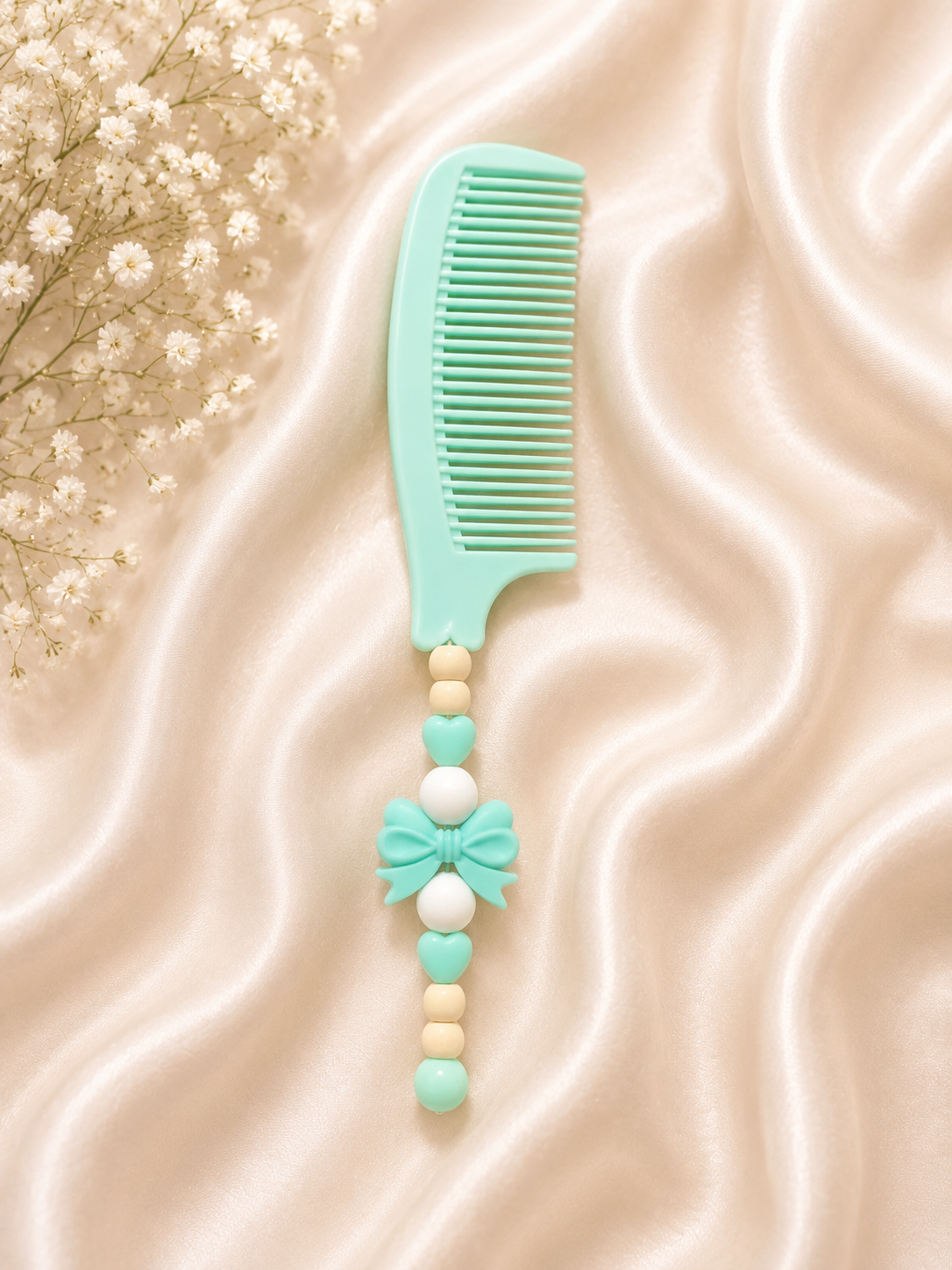 🎀 Mint Bow Beaded Comb