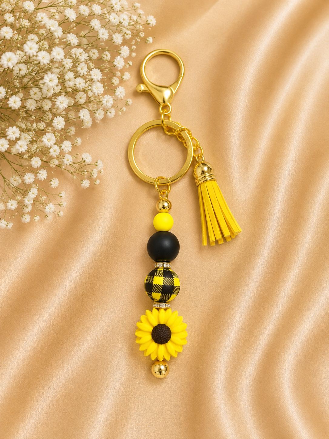 🌻 Sunflower Buffalo Plaid Beaded Keychain