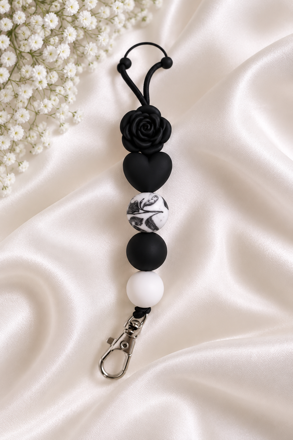 🖤 Black Rose Beaded Lanyard