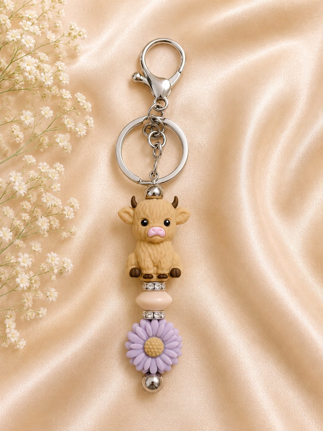🐮💜 Highland Cow & Lavender Daisy Keychain