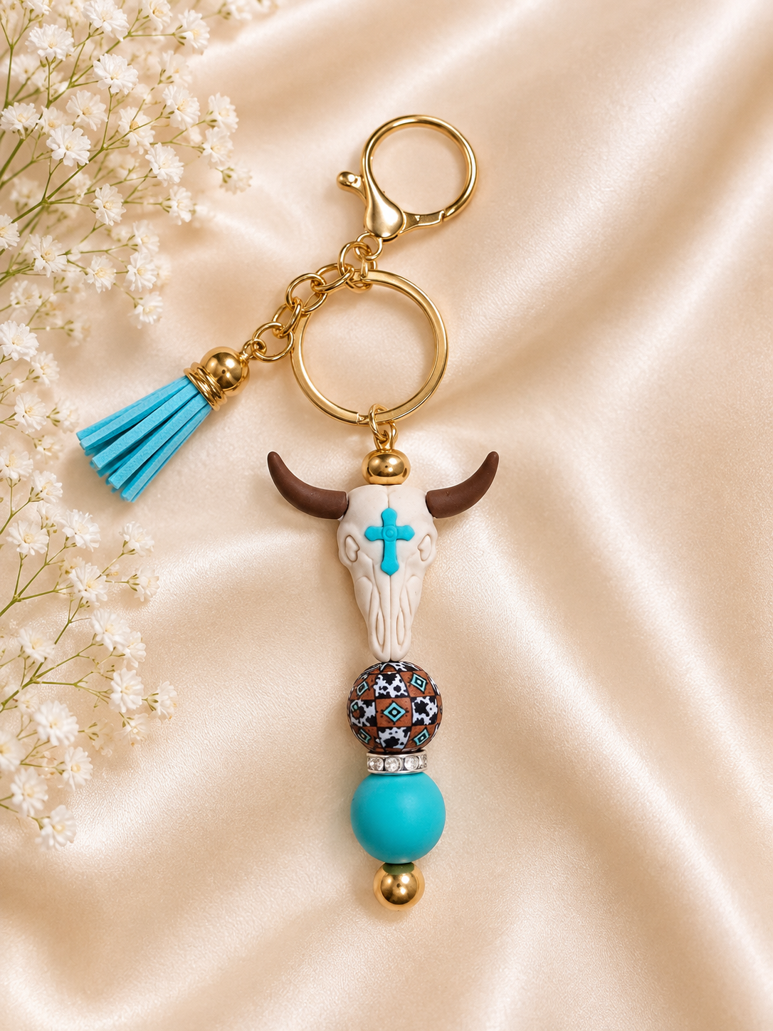 🤠 Turquoise Western Cow Skull Keychain