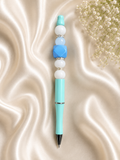 🩵 Blue & White Beaded Pen – Handmade Silicone Ballpoint Pen 🩵