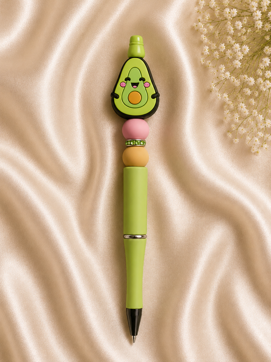 🥑 Smiling Avocado Beaded Pen – Handmade Silicone Ballpoint Pen 🥑