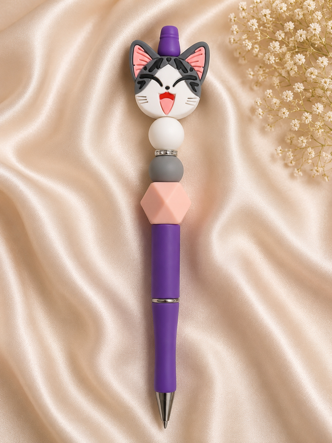 😸 Happy Cat Beaded Pen – Handmade Silicone Ballpoint Pen 😸